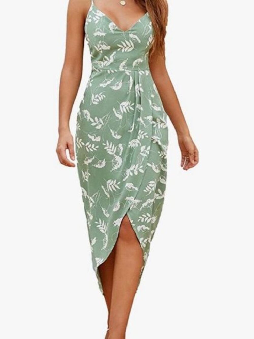 Sage Green Floral Wrap Midi Dress with Spaghetti Straps